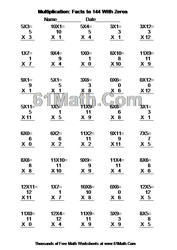 Multiplication: Facts to 144 With Zeros