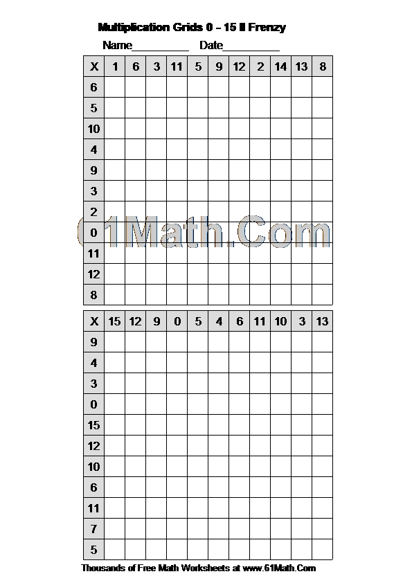 Multiplication Grids 0 - 15 II Frenzy