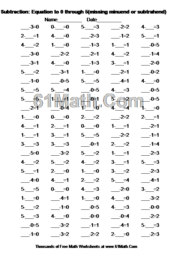 Subtraction: Equation to 0 through 5(missing minuend or subtrahend)