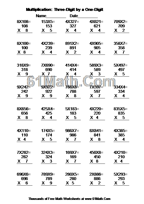 Multiplication: Three-Digit by a One-Digit