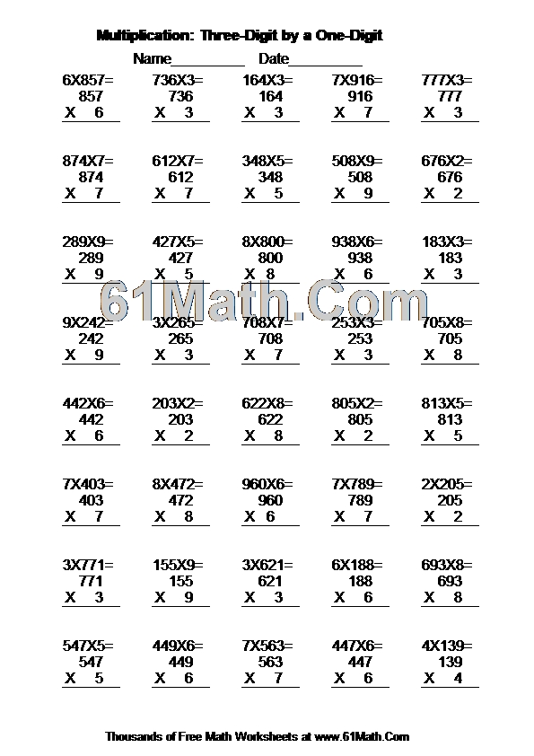 Multiplication: Three-Digit by a One-Digit