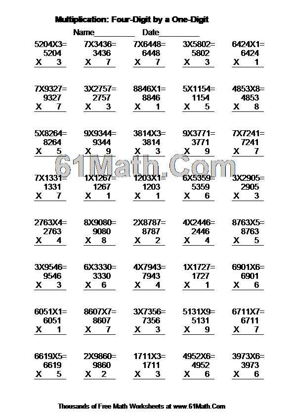 Multiplication: Four-Digit by a One-Digit