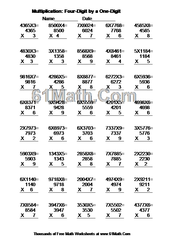 Multiplication: Four-Digit by a One-Digit