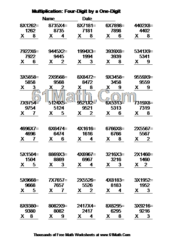 Multiplication: Four-Digit by a One-Digit