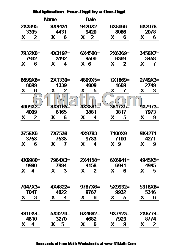 Multiplication: Four-Digit by a One-Digit