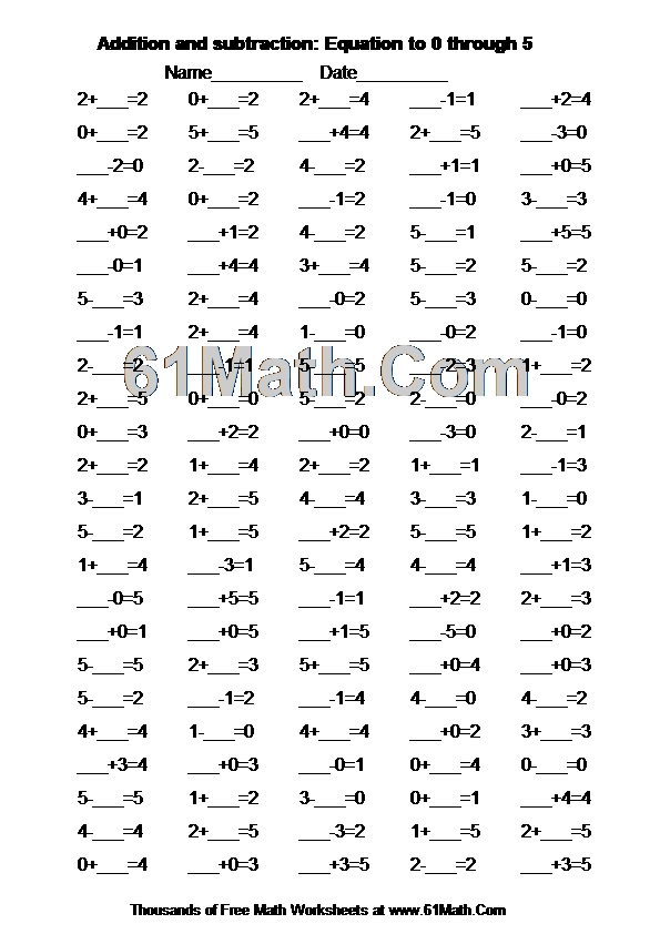 Addition and subtraction: Equation to 0 through 5