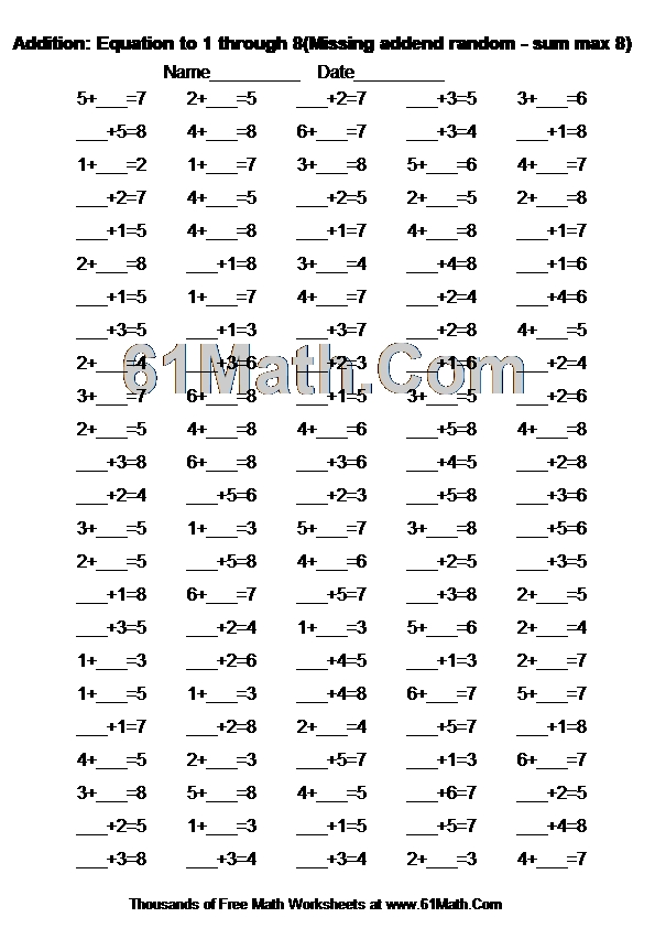 Addition: Equation to 1 through 8(Missing addend random - sum max 8)