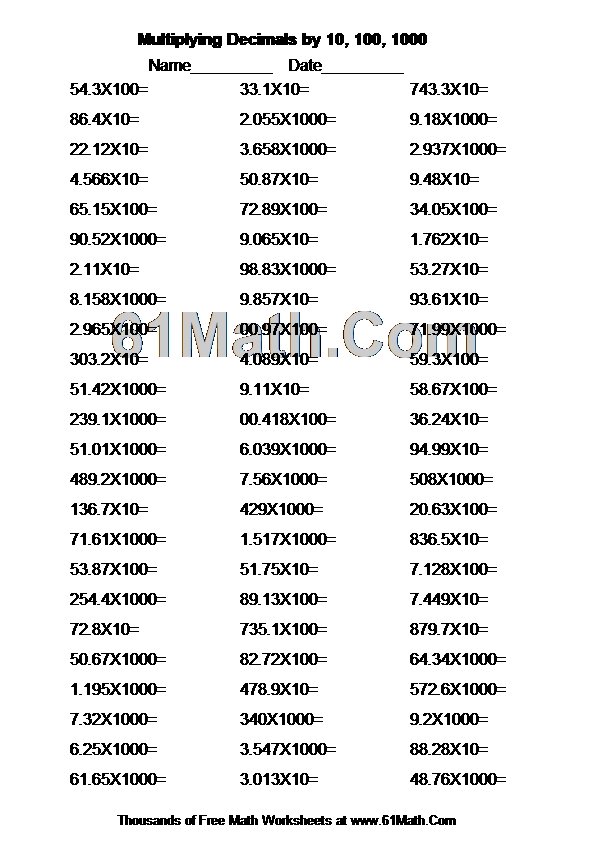 Multiplying Decimals by 10, 100, 1000