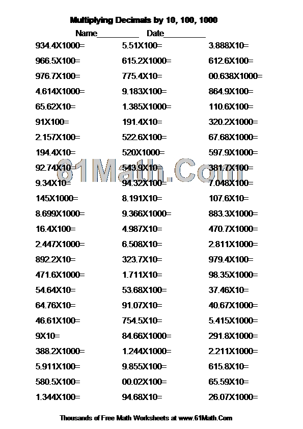 Multiplying Decimals by 10, 100, 1000