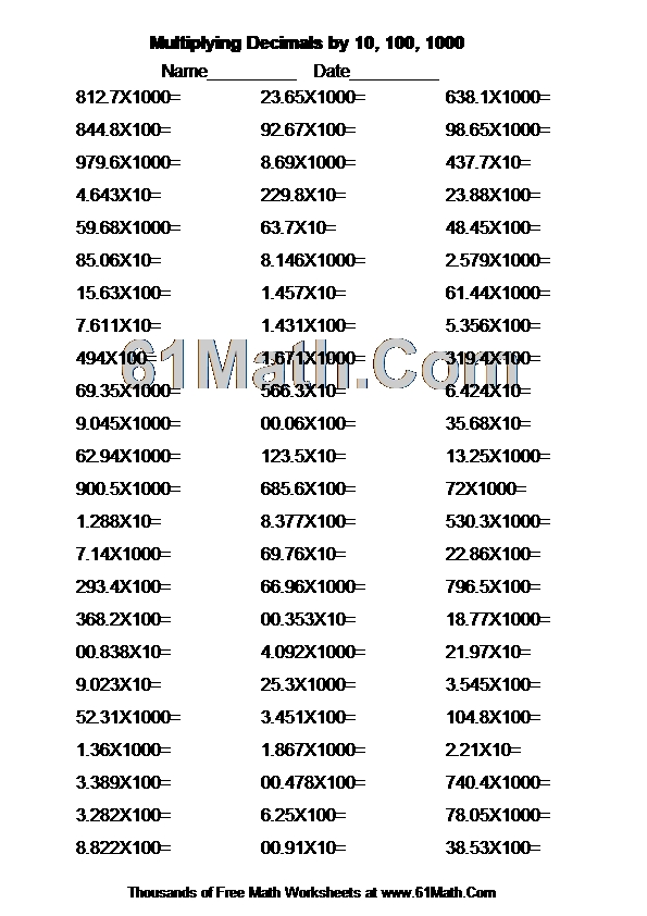 Multiplying Decimals by 10, 100, 1000