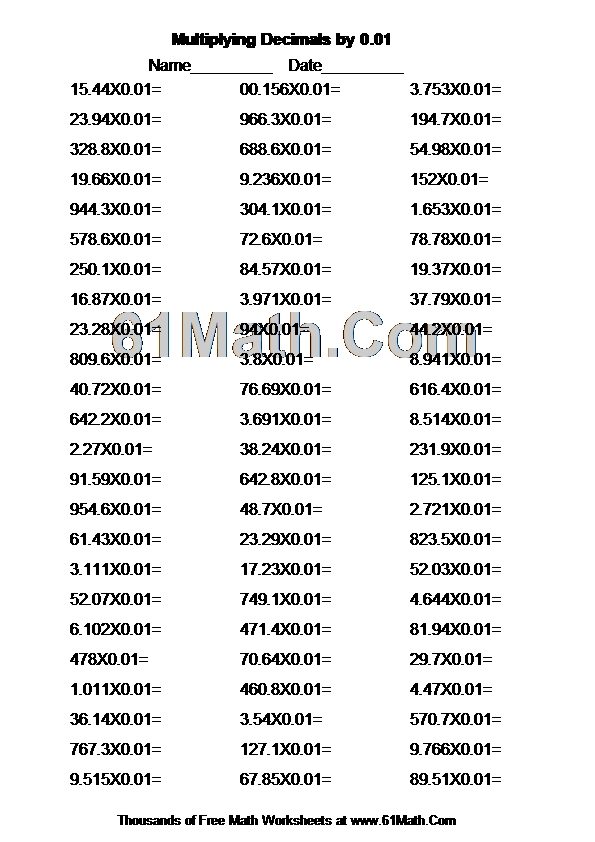 Multiplying Decimals by 0.01