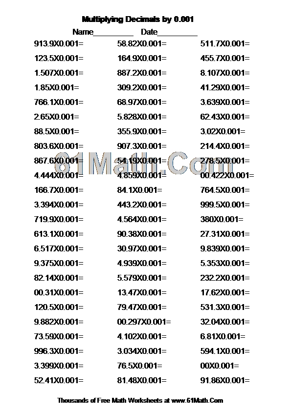 Multiplying Decimals by 0.001