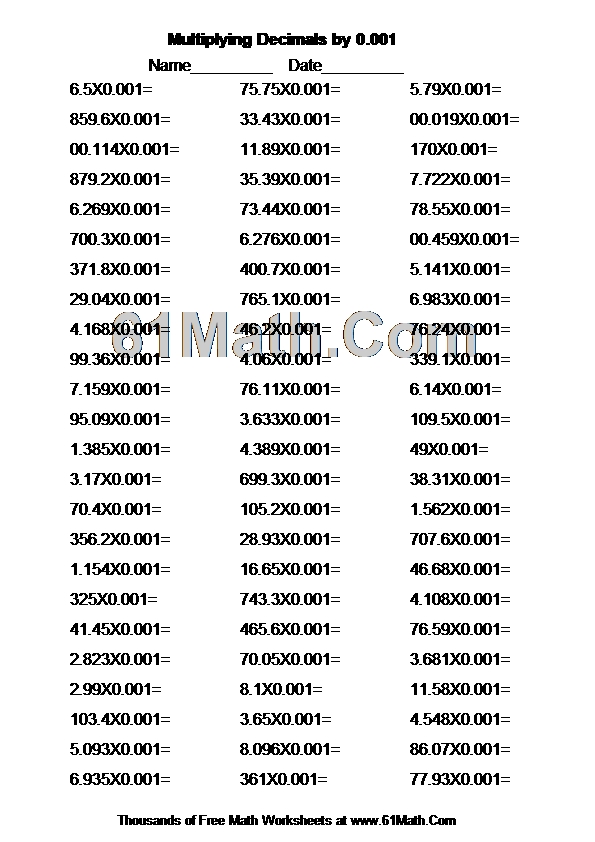 Multiplying Decimals by 0.001