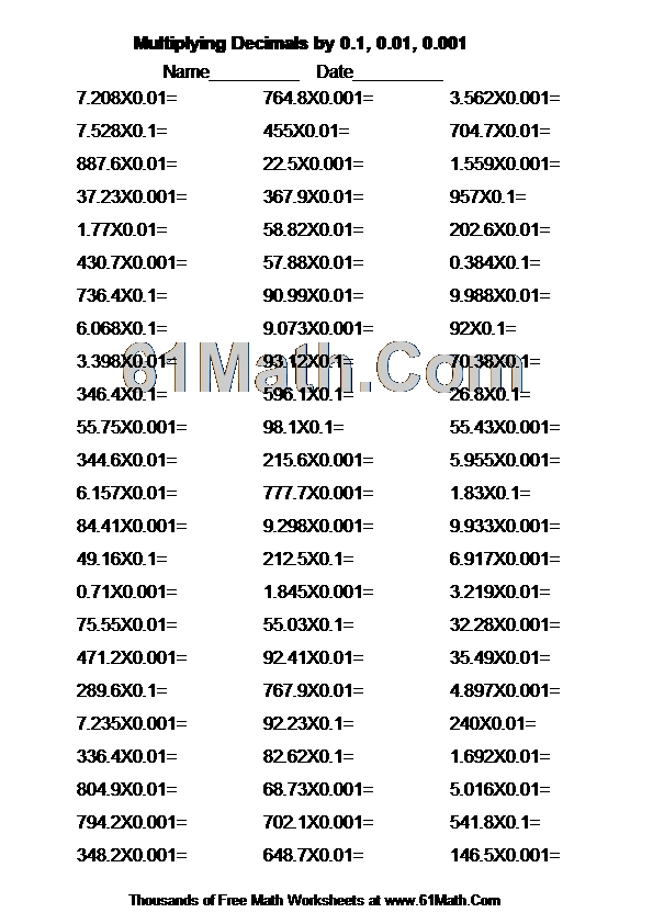 Multiplying Decimals by 0.1, 0.01, 0.001