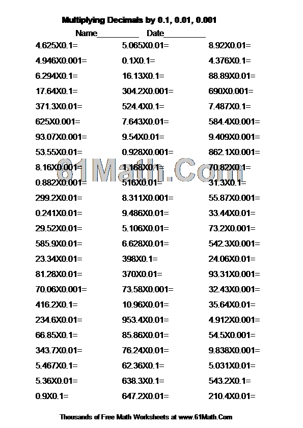 Multiplying Whole Numbers By 0 1 0 01 And 0 001 Worksheet