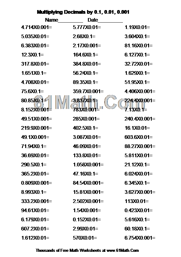 Multiplying Decimals by 0.1, 0.01, 0.001