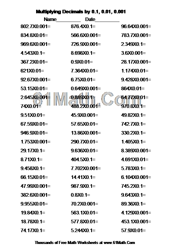 Multiplying Decimals by 0.1, 0.01, 0.001