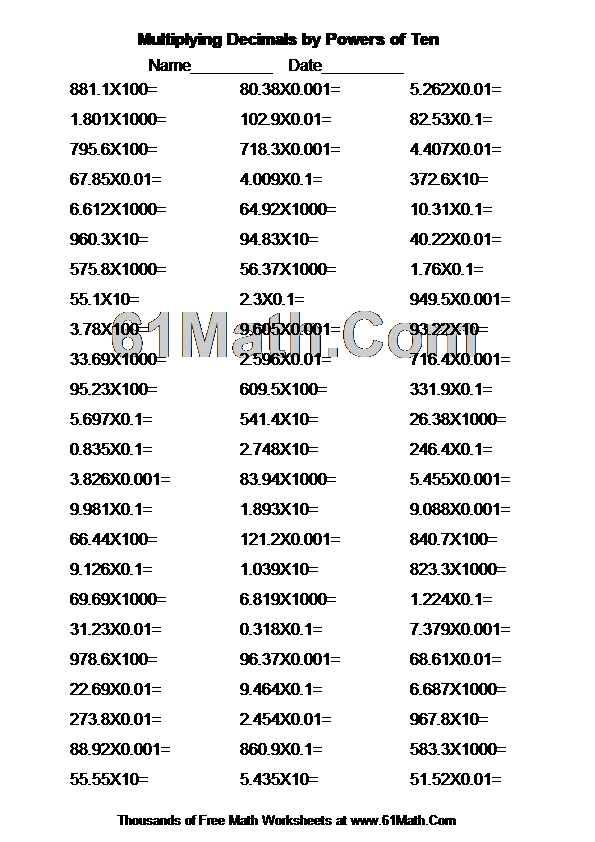 Multiplying Decimals by Powers of Ten