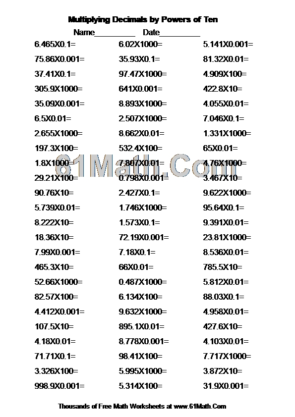 Multiplying Decimals by Powers of Ten