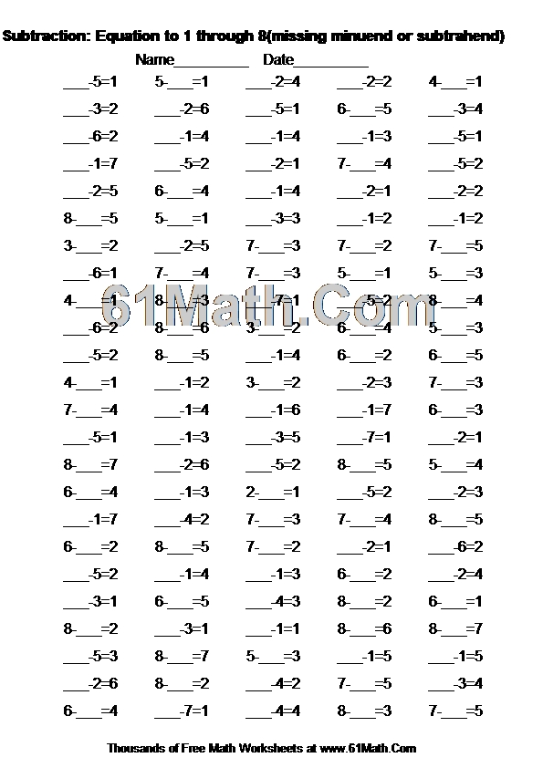 Subtraction: Equation to 1 through 8(missing minuend or subtrahend)