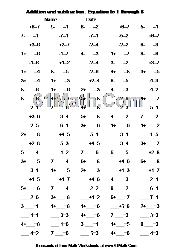 Addition and subtraction: Equation to 1 through 8