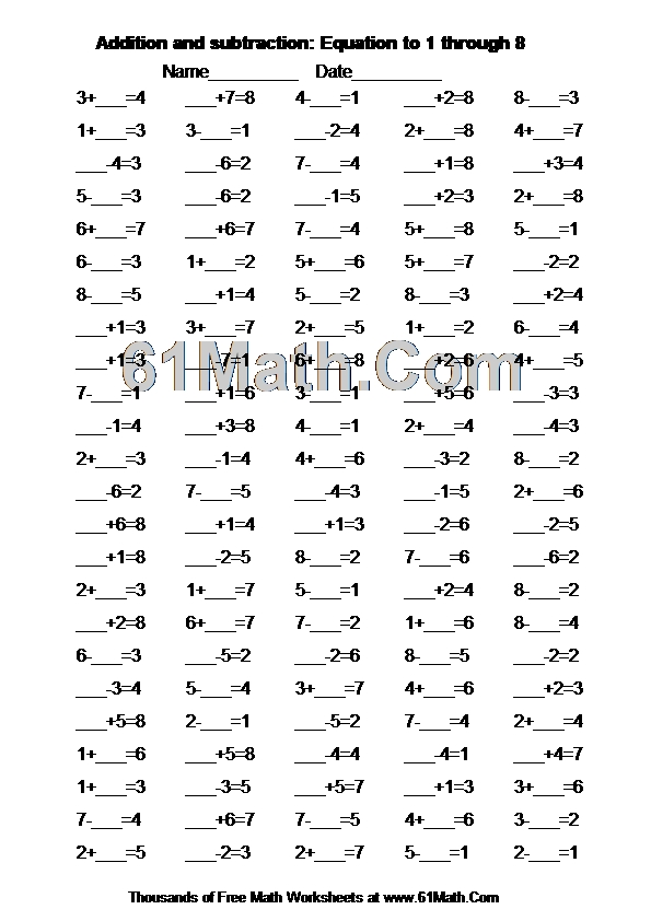 Addition and subtraction: Equation to 1 through 8