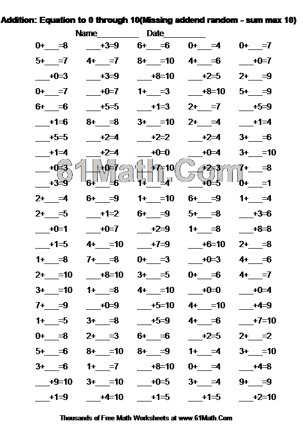 Addition: Equation to 0 through 10(Missing addend random - sum max 10)