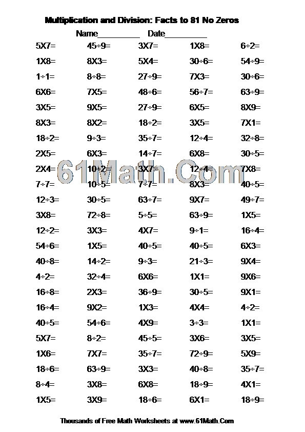 Multiplication and Division: Facts to 81 No Zeros