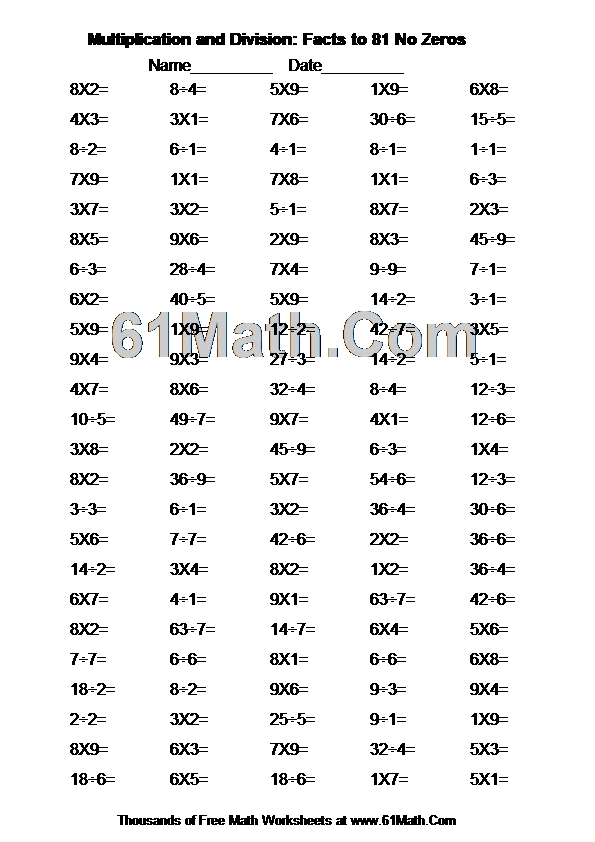 Multiplication and Division: Facts to 81 No Zeros