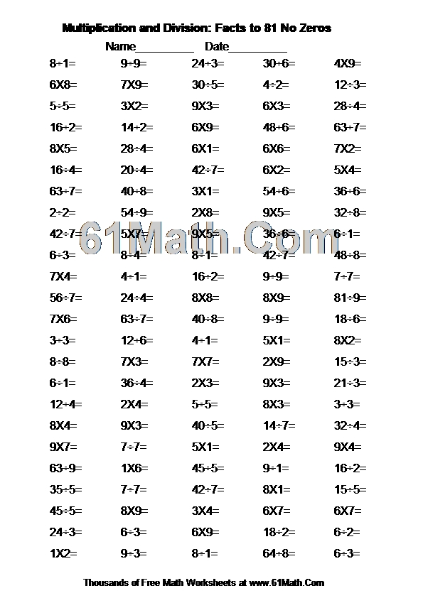 Multiplication and Division: Facts to 81 No Zeros