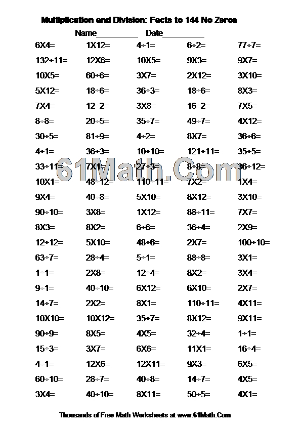 Multiplication and Division: Facts to 144 No Zeros