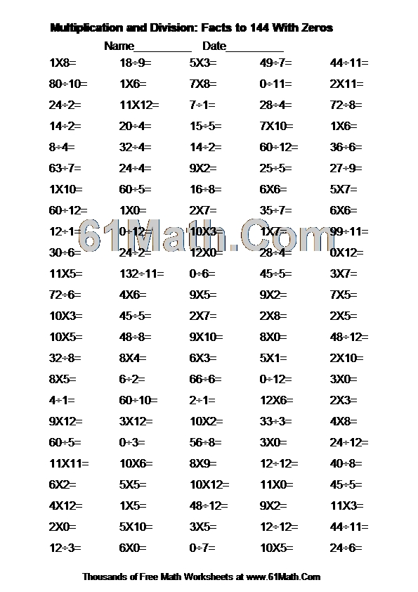 Multiplication and Division: Facts to 144 With Zeros