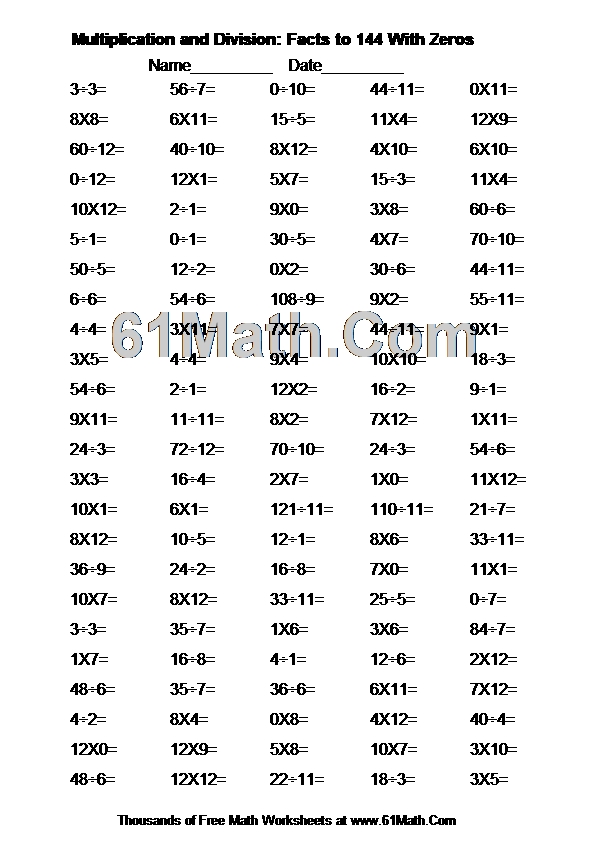 Multiplication and Division: Facts to 144 With Zeros