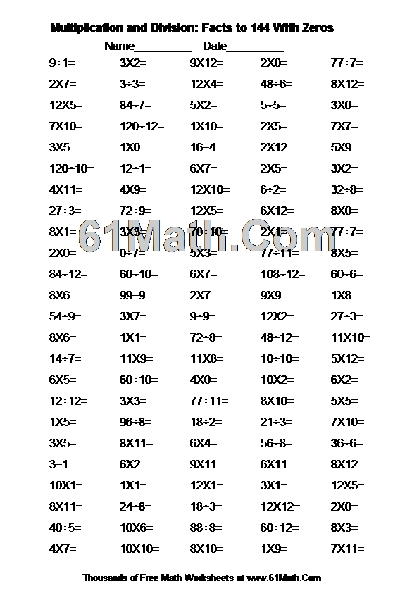 Multiplication and Division: Facts to 144 With Zeros