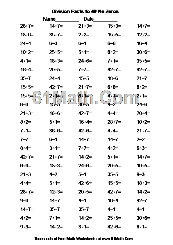 Division Facts to 49 No Zeros