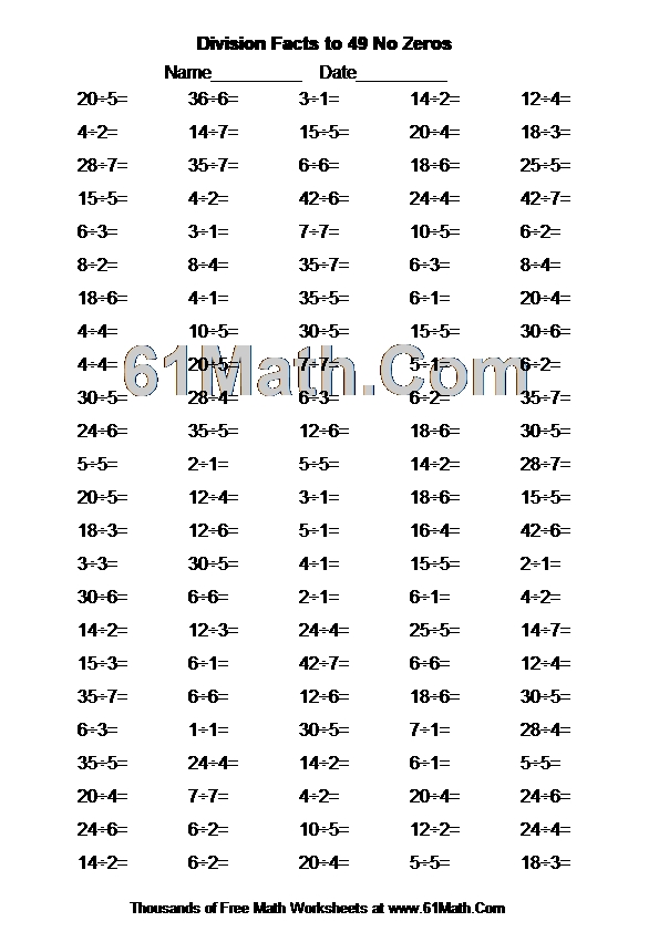 Division Facts to 49 No Zeros