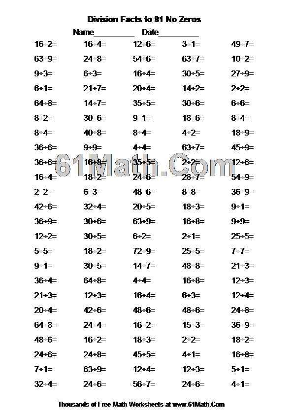 Division Facts to 81 No Zeros