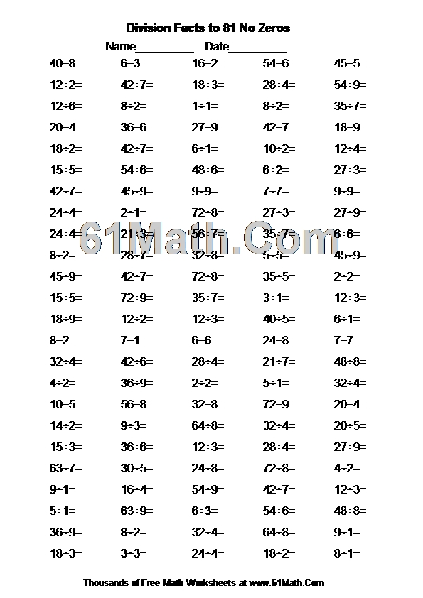 Division Facts to 81 No Zeros