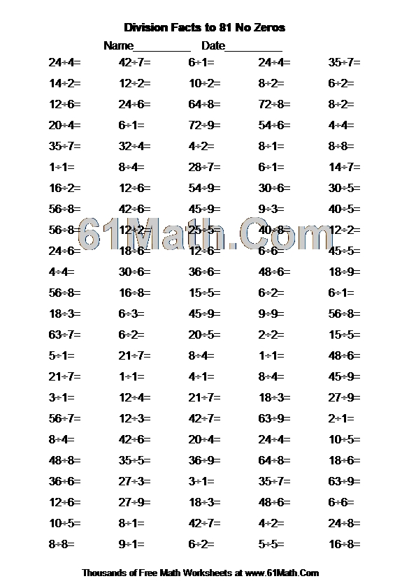 Division Facts to 81 No Zeros