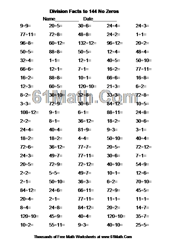 Division Facts to 144 No Zeros