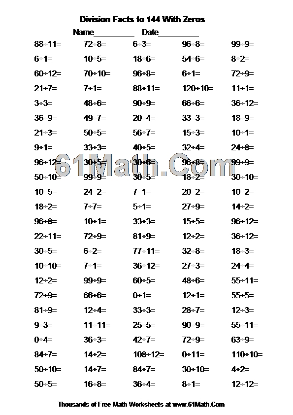 Division Facts to 144 With Zeros