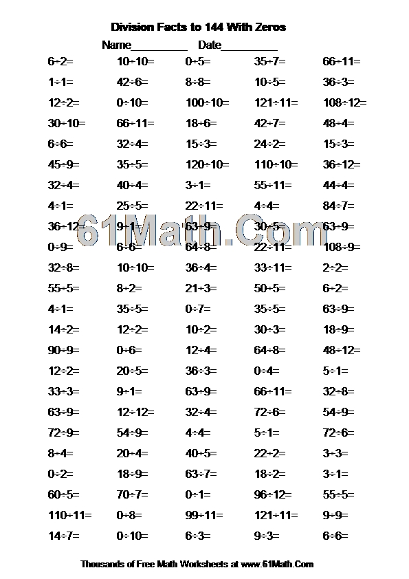 Division Facts to 144 With Zeros