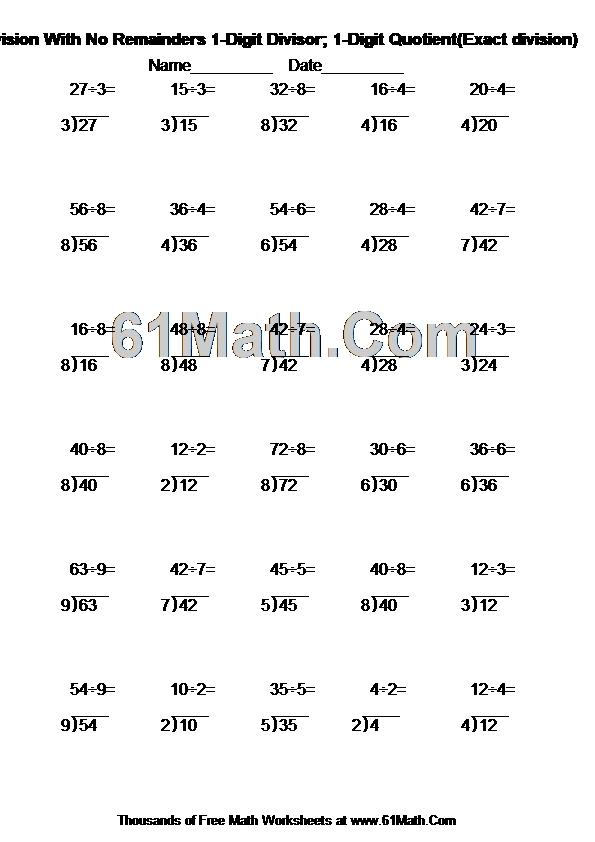 Long Division With No Remainders 1-Digit Divisor; 1-Digit Quotient(Exact division)