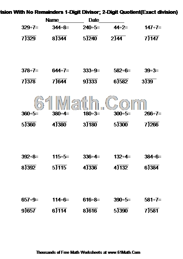 Long Division With No Remainders 1-Digit Divisor; 2-Digit Quotient(Exact division)