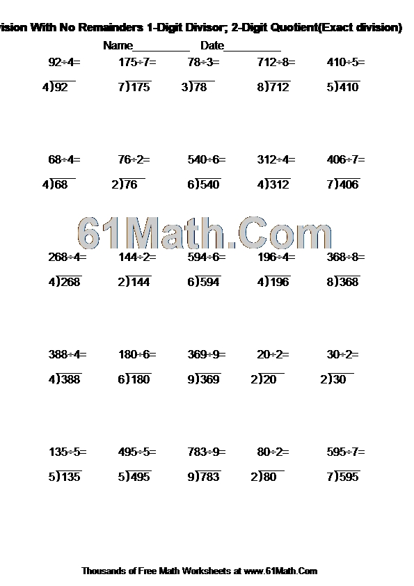 Long Division With No Remainders 1-Digit Divisor; 2-Digit Quotient(Exact division)