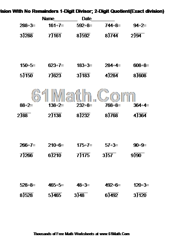 Long Division With No Remainders 1-Digit Divisor; 2-Digit Quotient(Exact division)