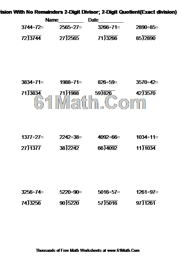 Long Division With No Remainders 2-Digit Divisor; 2-Digit Quotient(Exact division)