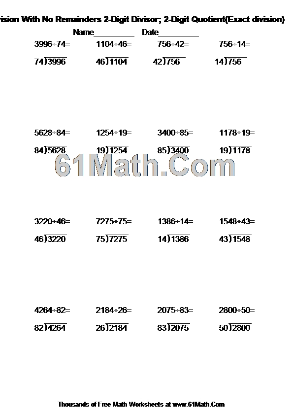 Long Division With No Remainders 2-Digit Divisor; 2-Digit Quotient(Exact division)