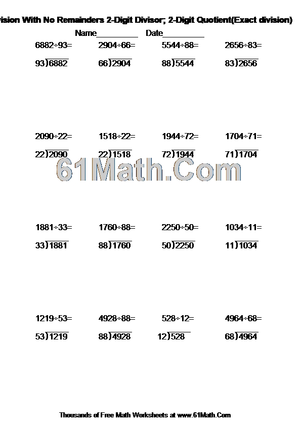 Long Division With No Remainders 2-Digit Divisor; 2-Digit Quotient(Exact division)