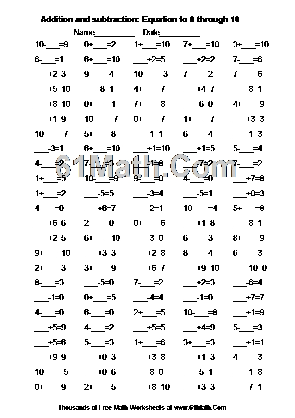 Addition and subtraction: Equation to 0 through 10